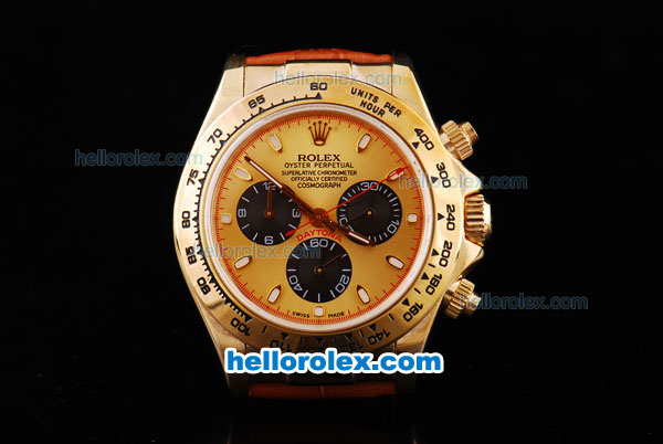 Rolex Daytona Oyster Perpetual Automatic Gold Case with Gold Bezel,Yellow Dial and White Marking-Leather Strap - Click Image to Close